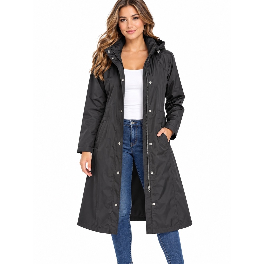 Eddie Bauer Girl On The Go Waterproof Trench Coat Black Hooded Rain Jacket L